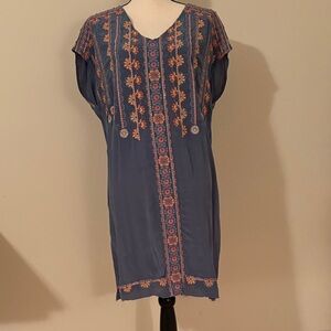Embroidered Blue Dress with Orange Floral Design